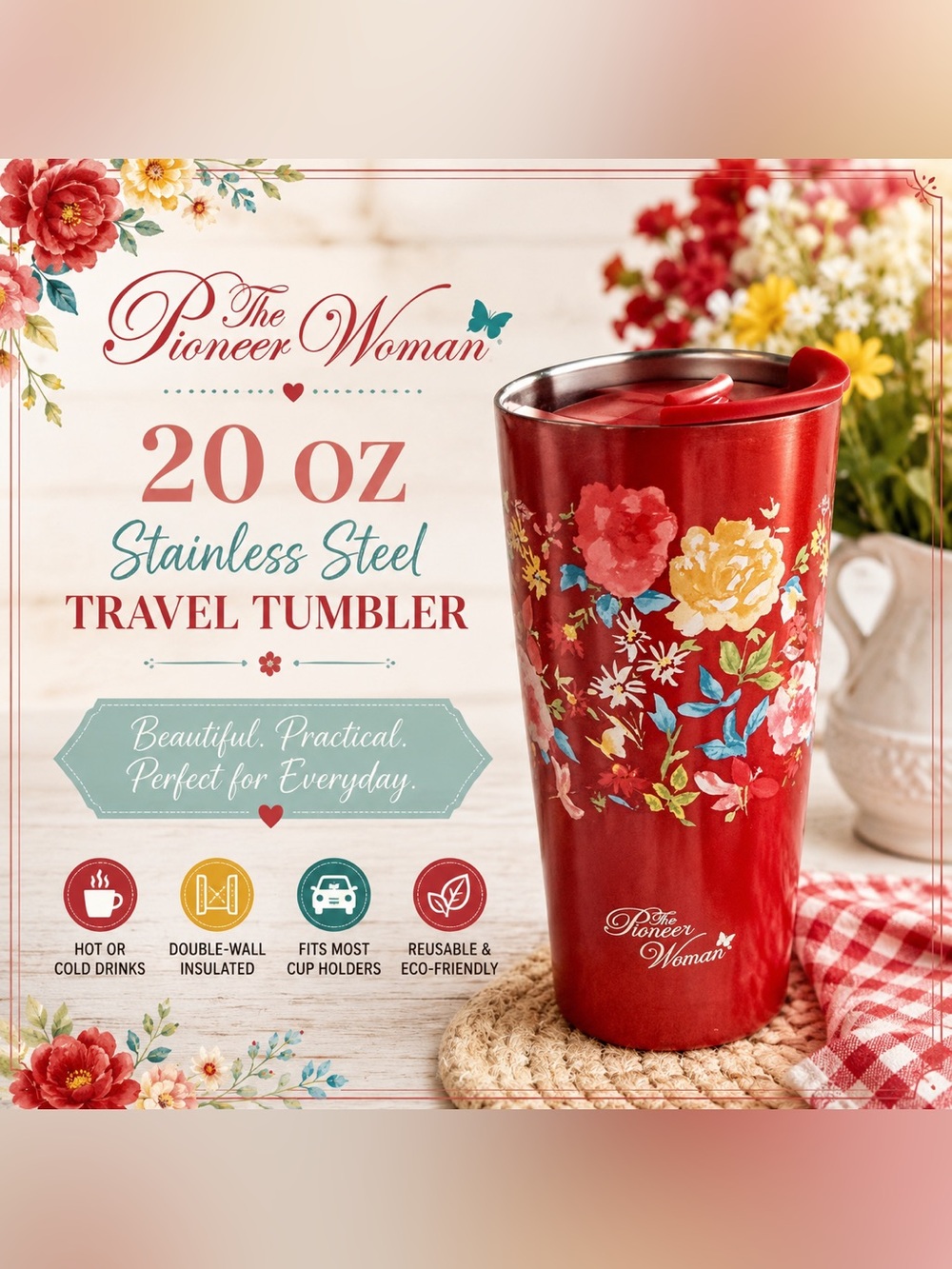 The Pioneer Woman 20 oz Stainless Steel Floral Travel Tumbler Red Insulated Mug